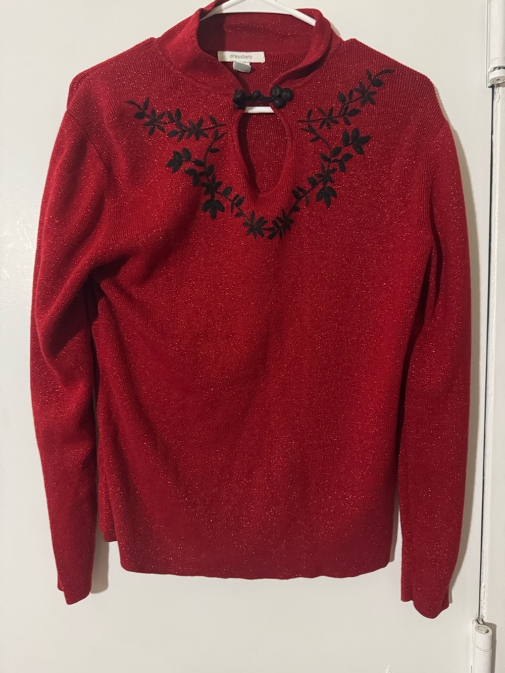 dressbarn Red Sparkle Turtleneck Sweater with Black Floral Embroidery
